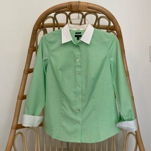 Talbots Green Wrinkle Resistant Button Down with White Collar & Cuffs